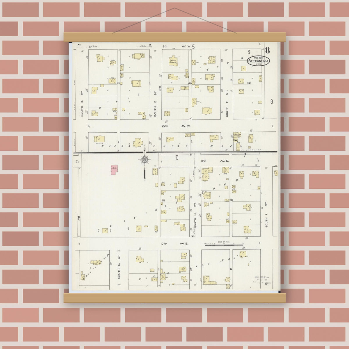 Old map wall art mockup — magnetic wood frame on brick wall — Sanborn Fire Insurance Map from Alexandria, Douglas County, Minnesota (1914), Sheet #0008