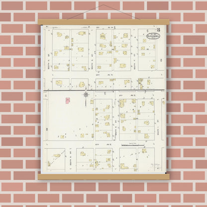 Old map wall art mockup — magnetic wood frame on brick wall — Sanborn Fire Insurance Map from Alexandria, Douglas County, Minnesota (1914), Sheet #0008