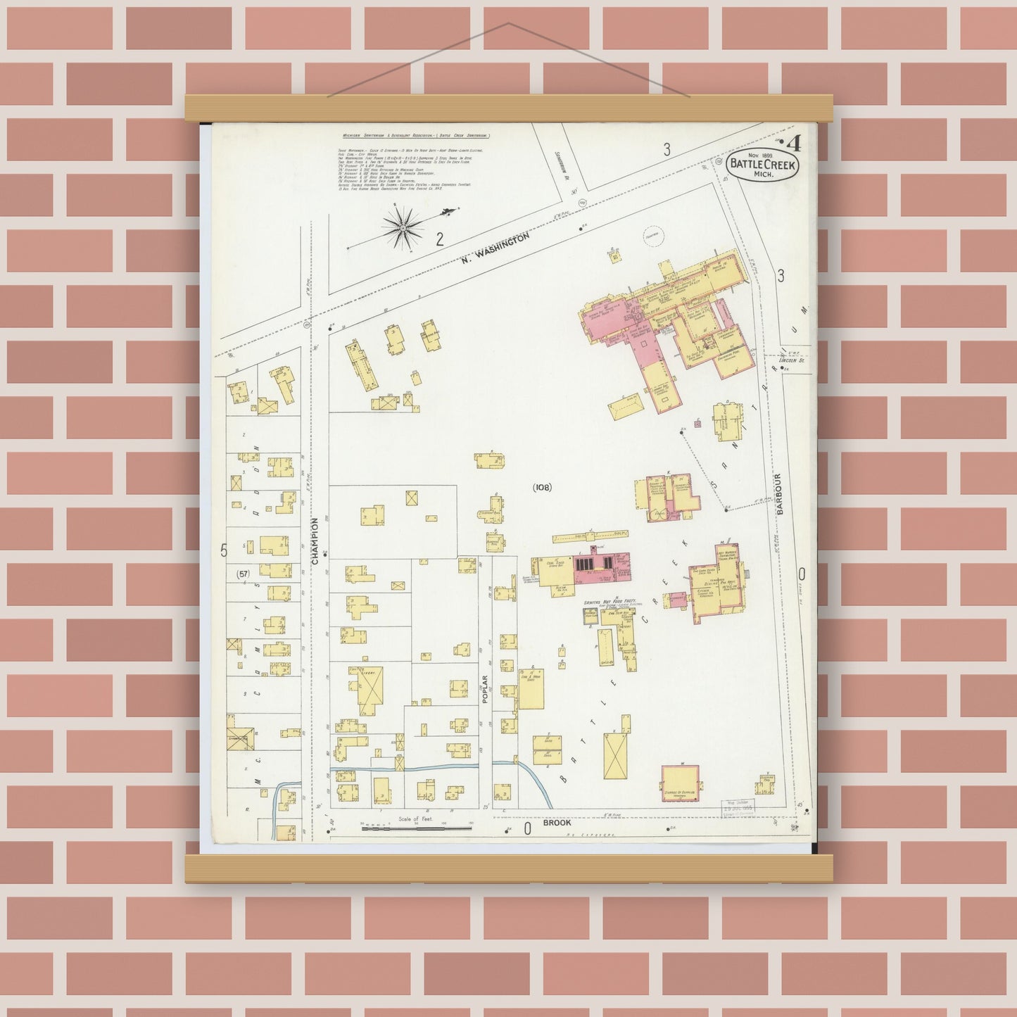 Old map wall art mockup — magnetic wood frame on brick wall — Sanborn Fire Insurance Map from Battle Creek, Calhoun County, Michigan (1899), Sheet #0004