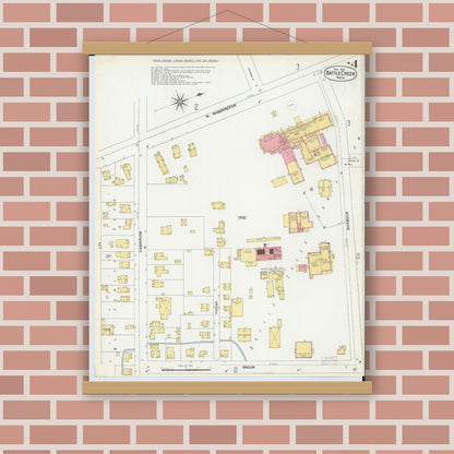 Old map wall art mockup — magnetic wood frame on brick wall — Sanborn Fire Insurance Map from Battle Creek, Calhoun County, Michigan (1899), Sheet #0004
