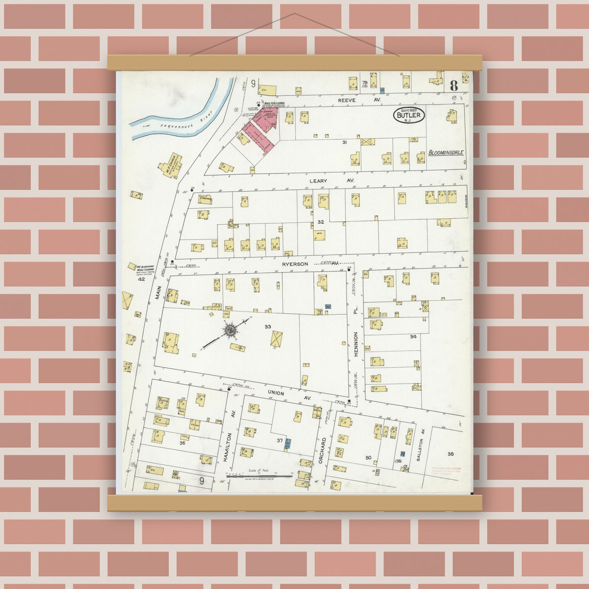 Old map wall art mockup — magnetic wood frame on brick wall — Sanborn Fire Insurance Map from Butler, Morris County, New Jersey (1920), Sheet #0008