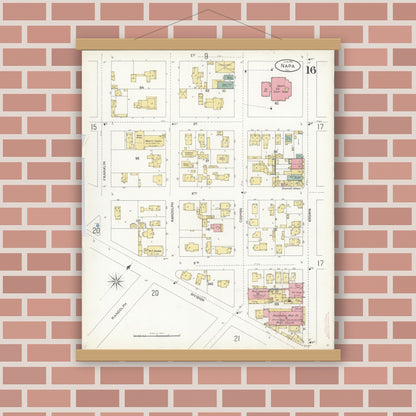 Old map wall art mockup — magnetic wood frame on brick wall — Sanborn Fire Insurance Map from Napa, Napa County, California (1901), Sheet #0016