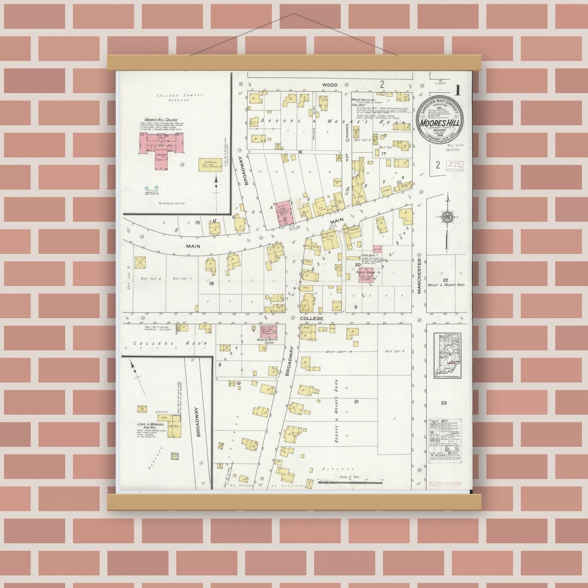 Old map wall art mockup — magnetic wood frame on brick wall — Sanborn Fire Insurance Map from Moores Hill, Dearborn County, Indiana (1916) - Complete Map Set