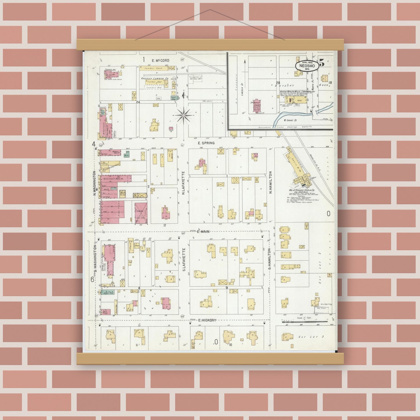 Old map wall art mockup — magnetic wood frame on brick wall — Sanborn Fire Insurance Map from Neosho, Newton County, Missouri (1902), Sheet #0005