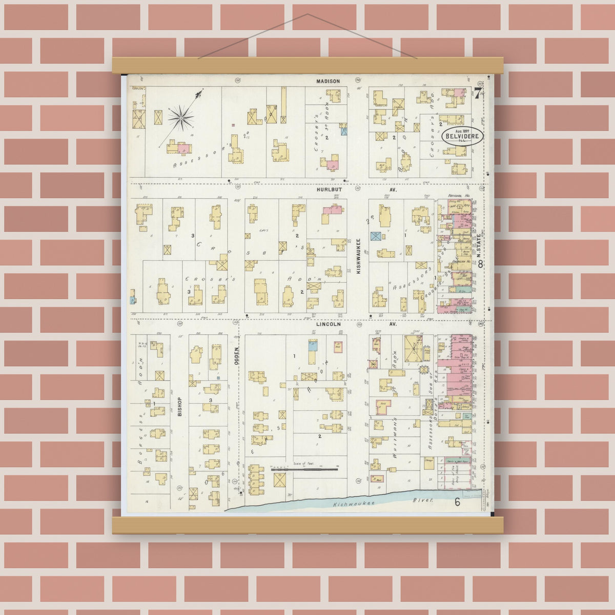 Old map wall art mockup — magnetic wood frame on brick wall — Sanborn Fire Insurance Map from Belvidere, Boone County, Illinois (1897), Sheet #0007