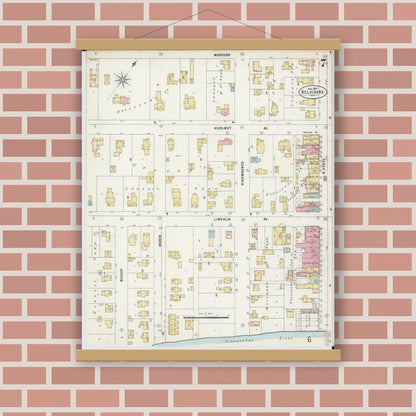 Old map wall art mockup — magnetic wood frame on brick wall — Sanborn Fire Insurance Map from Belvidere, Boone County, Illinois (1897), Sheet #0007
