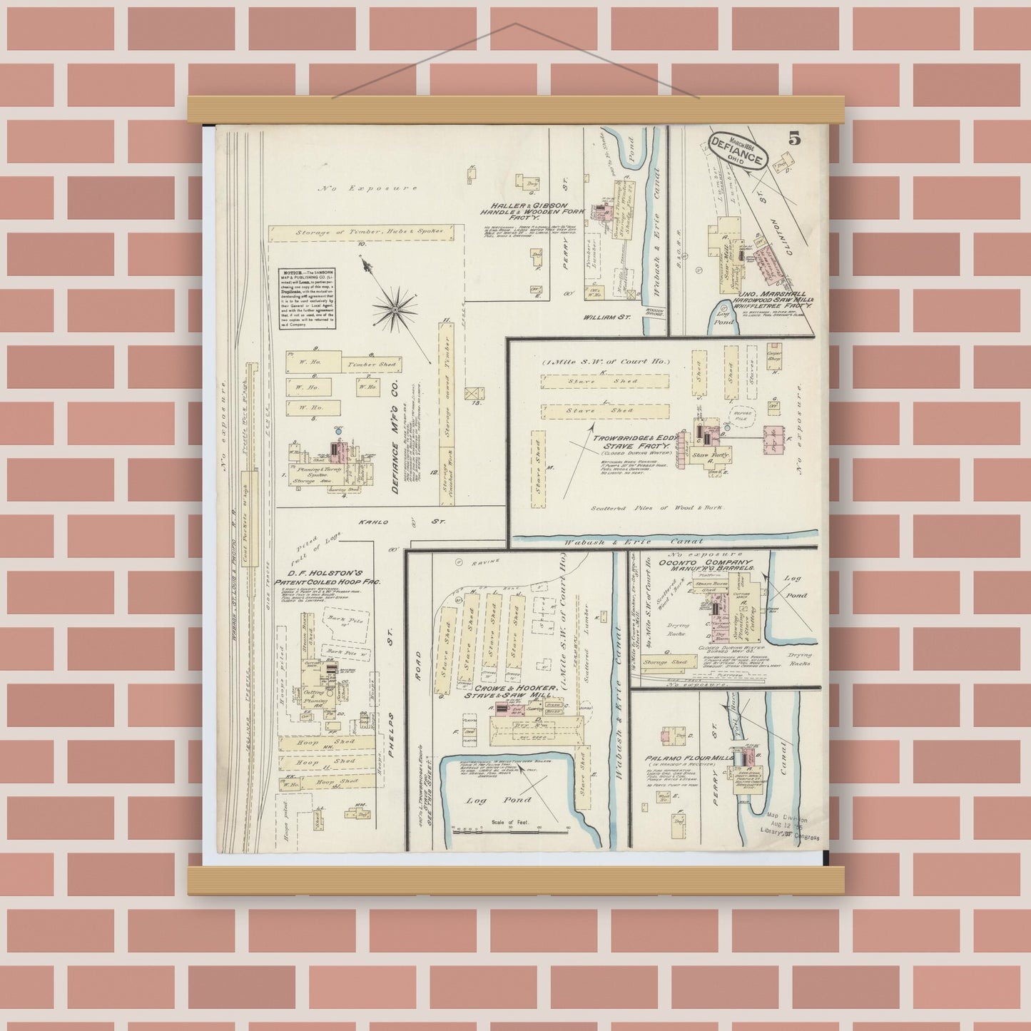 Old map wall art mockup — magnetic wood frame on brick wall — Sanborn Fire Insurance Map from Defiance, Defiance County, Ohio (1884), Sheet #0005