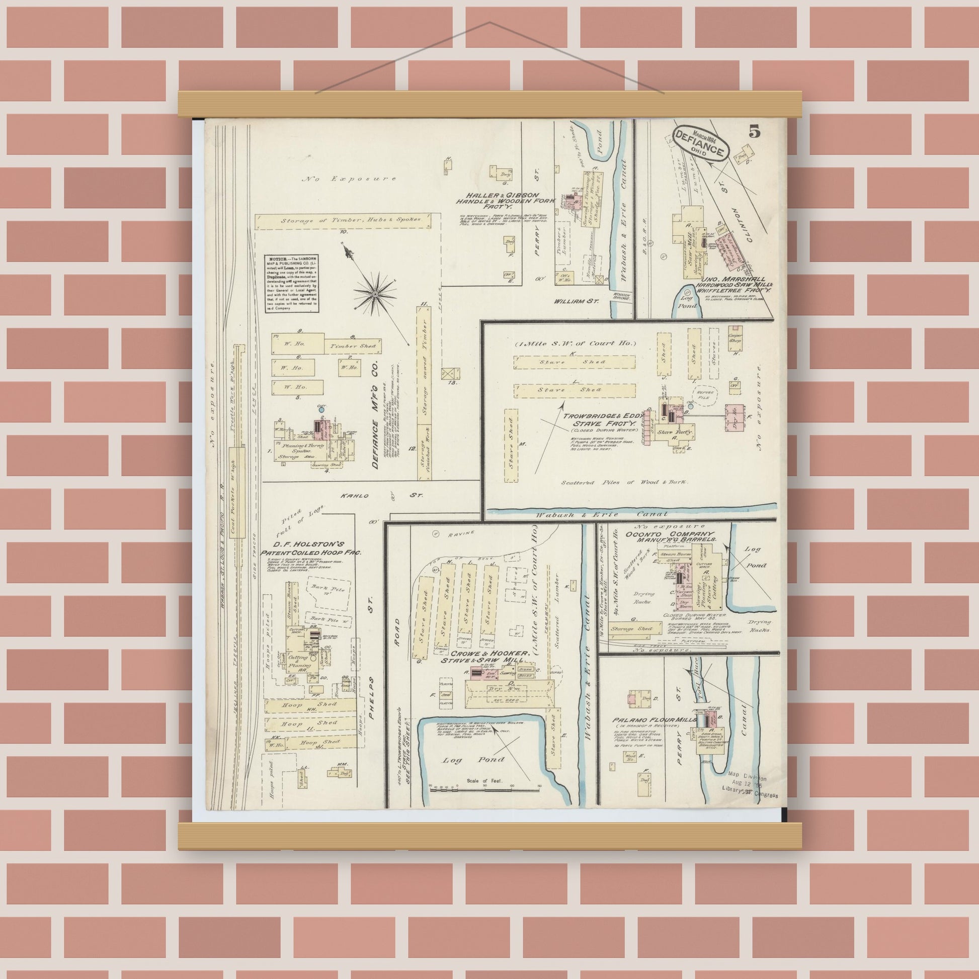 Old map wall art mockup — magnetic wood frame on brick wall — Sanborn Fire Insurance Map from Defiance, Defiance County, Ohio (1884), Sheet #0005
