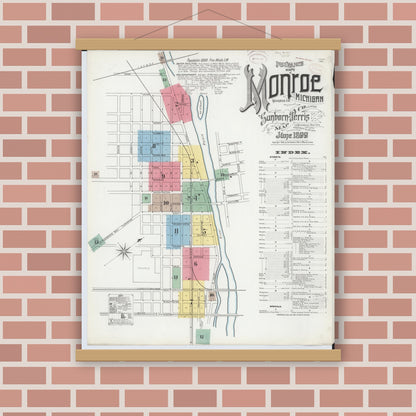 Old map wall art mockup — magnetic wood frame on brick wall — Sanborn Fire Insurance Map from Monroe, Monroe County, Michigan (1899), Sheet #0001