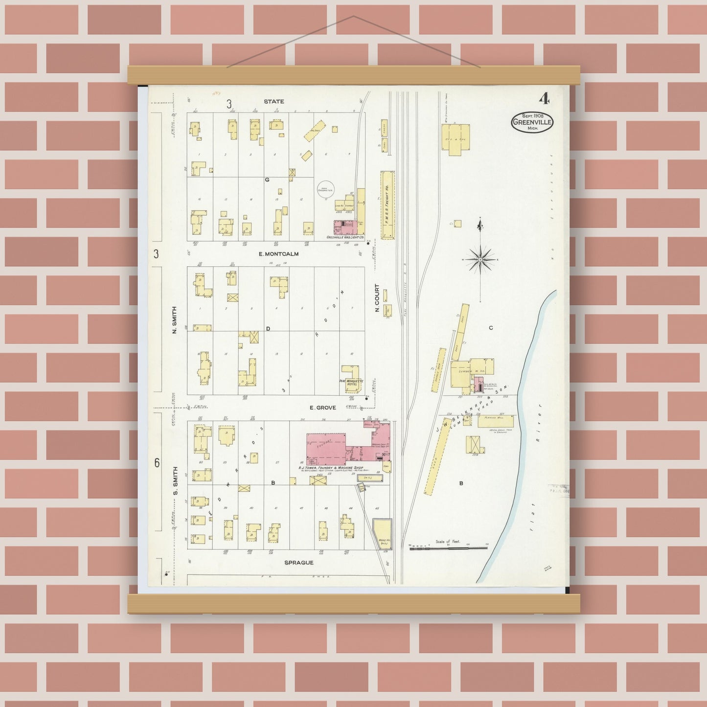 Old map wall art mockup — magnetic wood frame on brick wall — Sanborn Fire Insurance Map from Greenville, Montcalm County, Michigan (1908), Sheet #0004