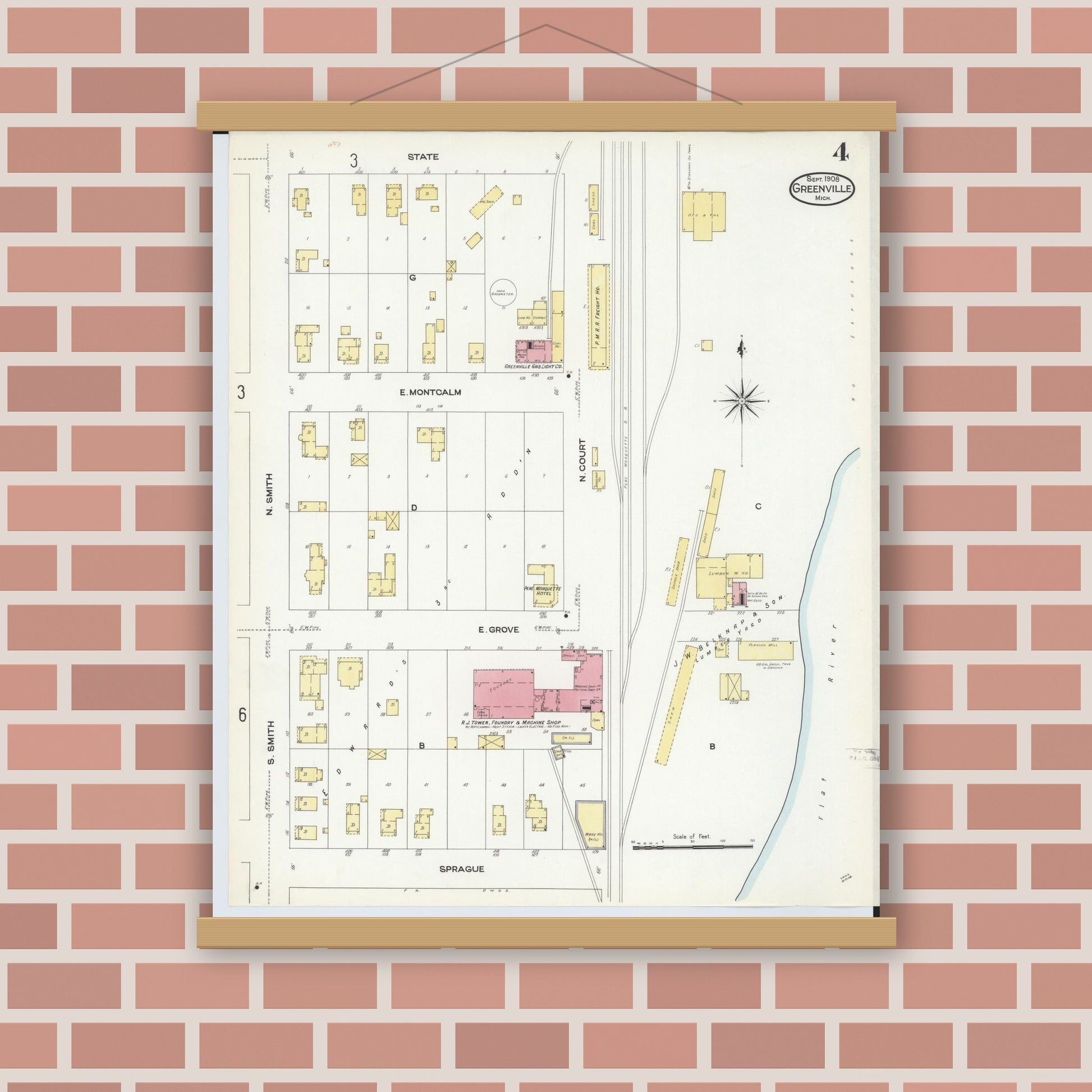 Old map wall art mockup — magnetic wood frame on brick wall — Sanborn Fire Insurance Map from Greenville, Montcalm County, Michigan (1908), Sheet #0004