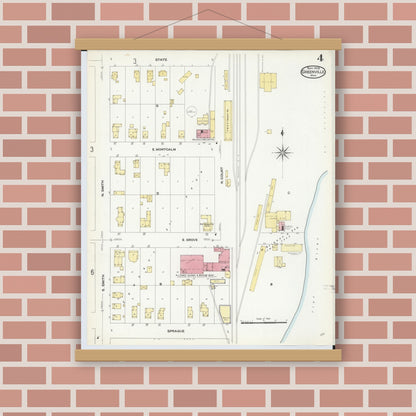Old map wall art mockup — magnetic wood frame on brick wall — Sanborn Fire Insurance Map from Greenville, Montcalm County, Michigan (1908), Sheet #0004