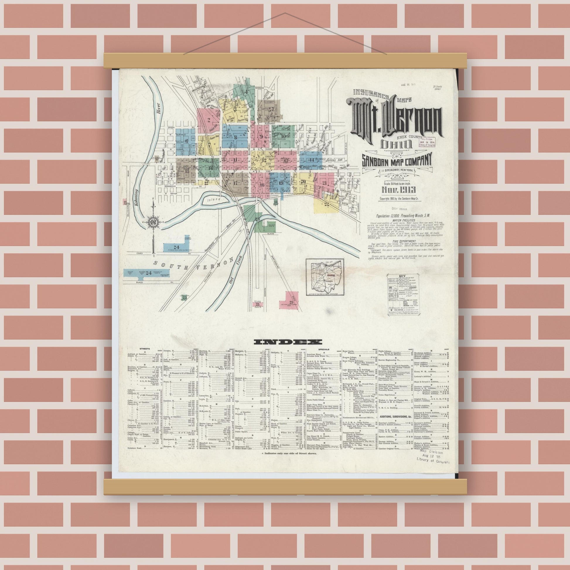 Old map wall art mockup — magnetic wood frame on brick wall — Sanborn Fire Insurance Map from Mount Vernon, Knox County, Ohio (1913) - Complete Map Set