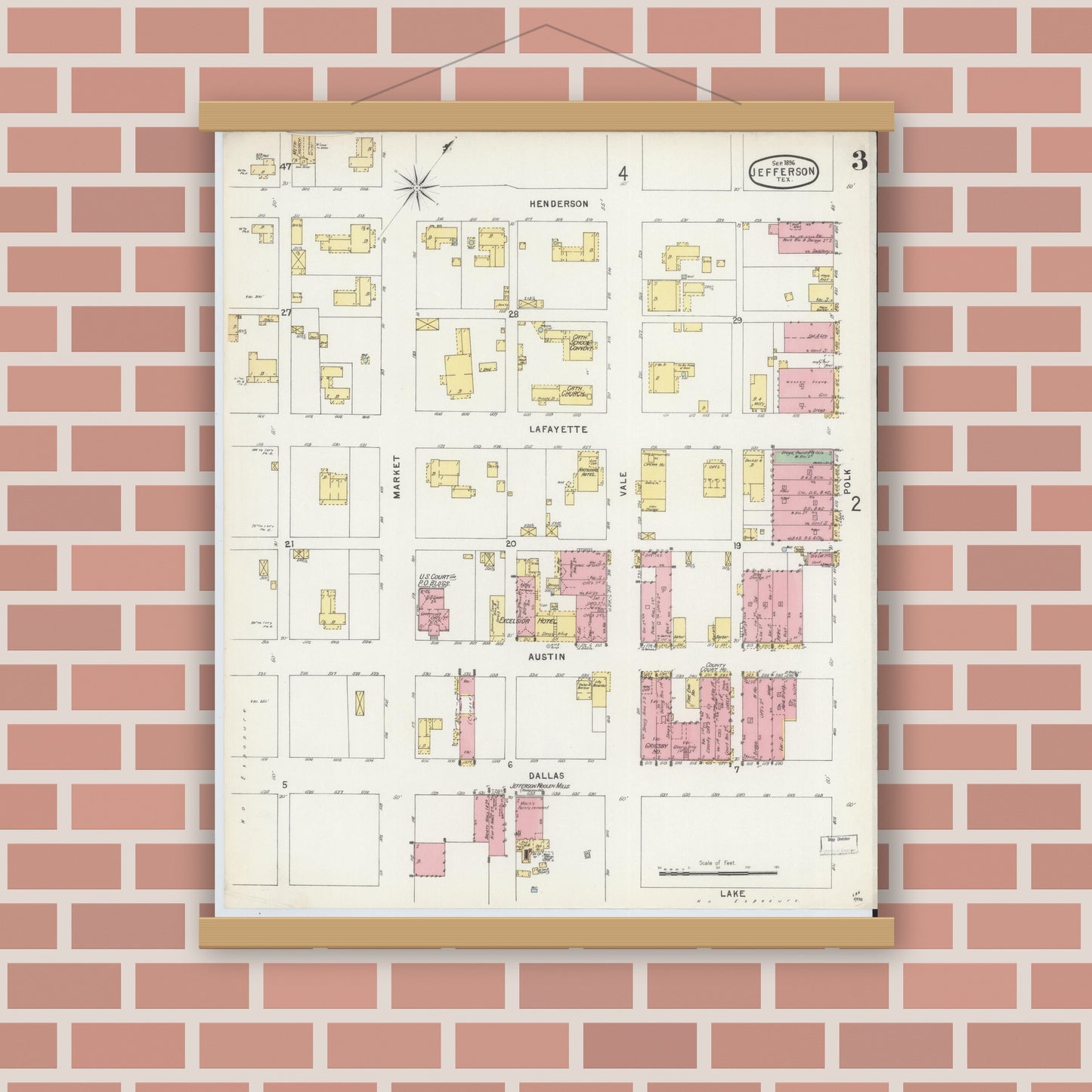 Old map wall art mockup — magnetic wood frame on brick wall — Sanborn Fire Insurance Map from Jefferson, Marion County, Texas (1896), Sheet #0003