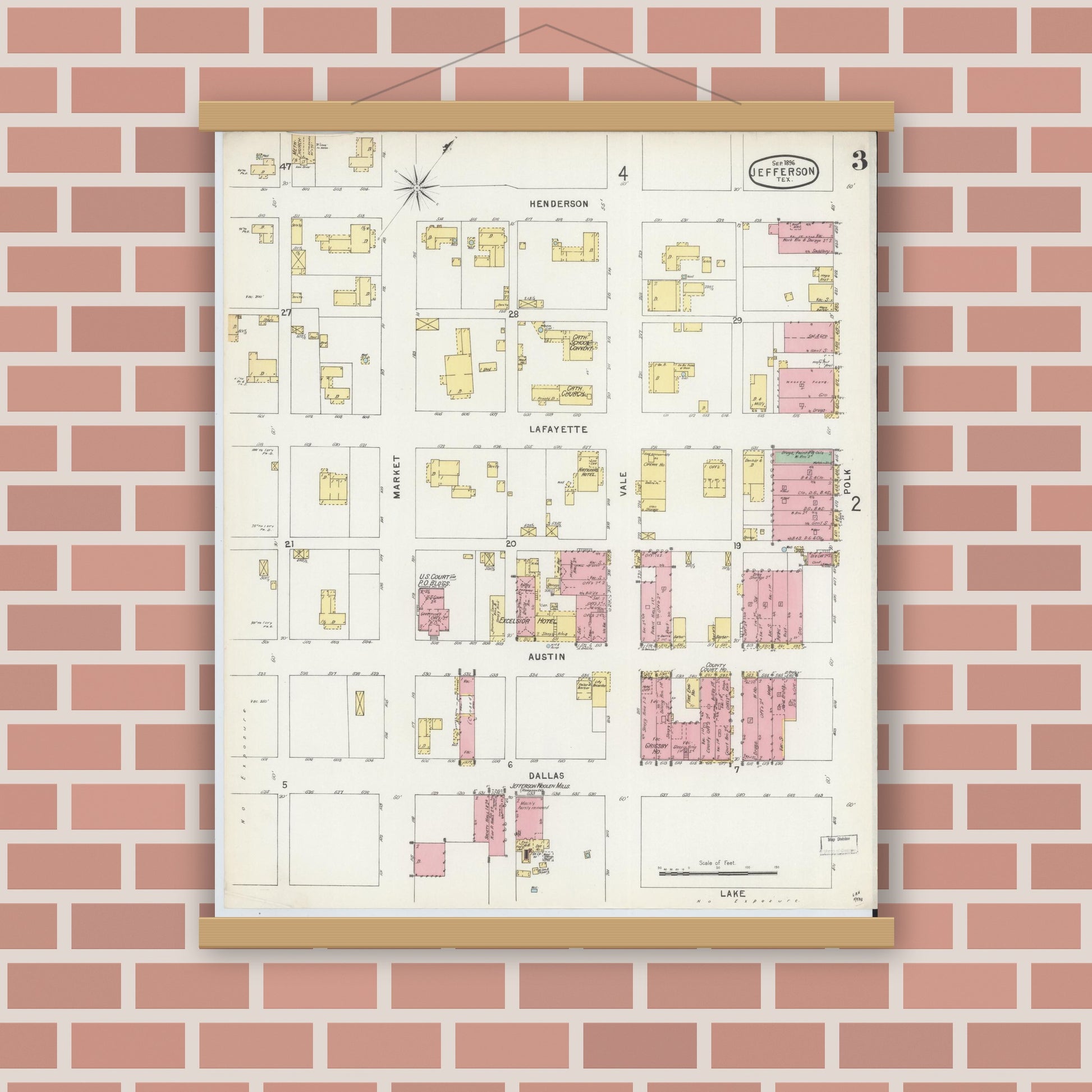 Old map wall art mockup — magnetic wood frame on brick wall — Sanborn Fire Insurance Map from Jefferson, Marion County, Texas (1896), Sheet #0003