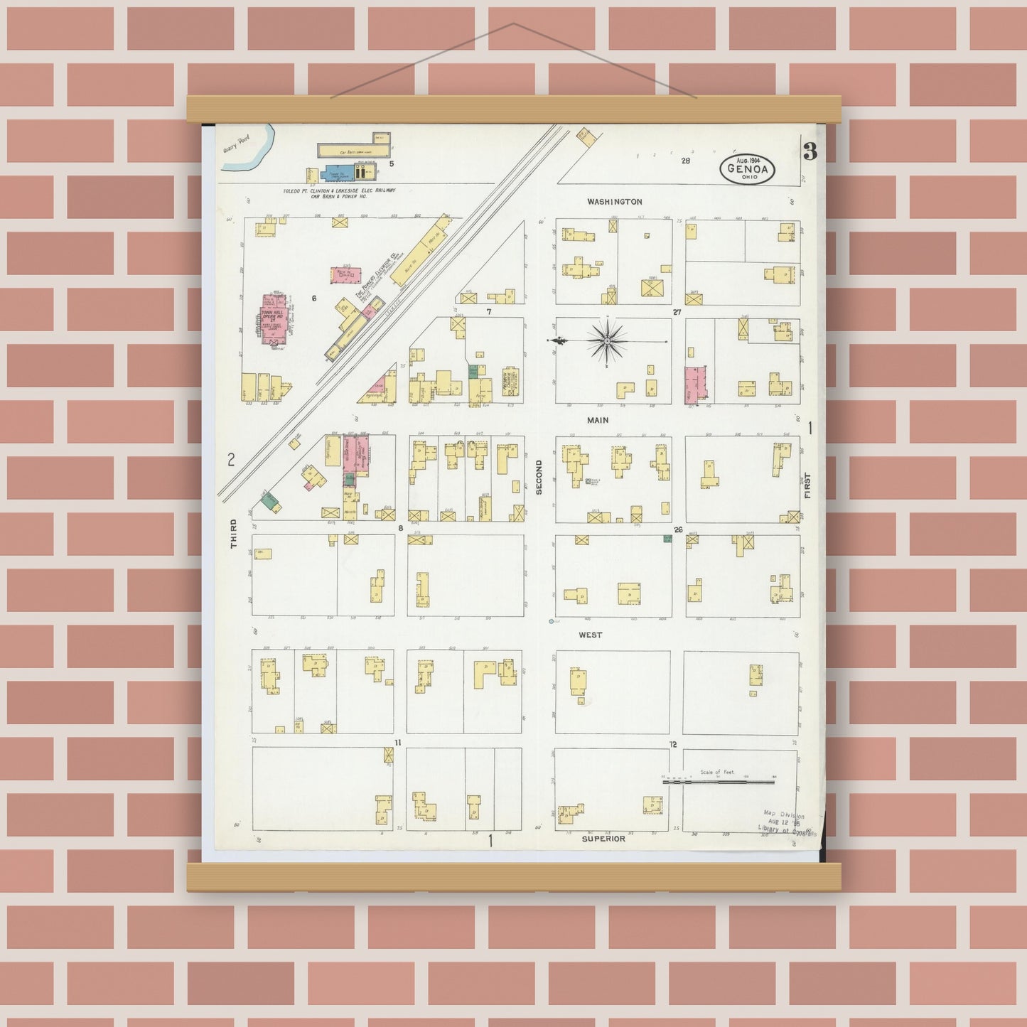 Old map wall art mockup — magnetic wood frame on brick wall — Sanborn Fire Insurance Map from Genoa, Ottawa County, Ohio (1904), Sheet #0003