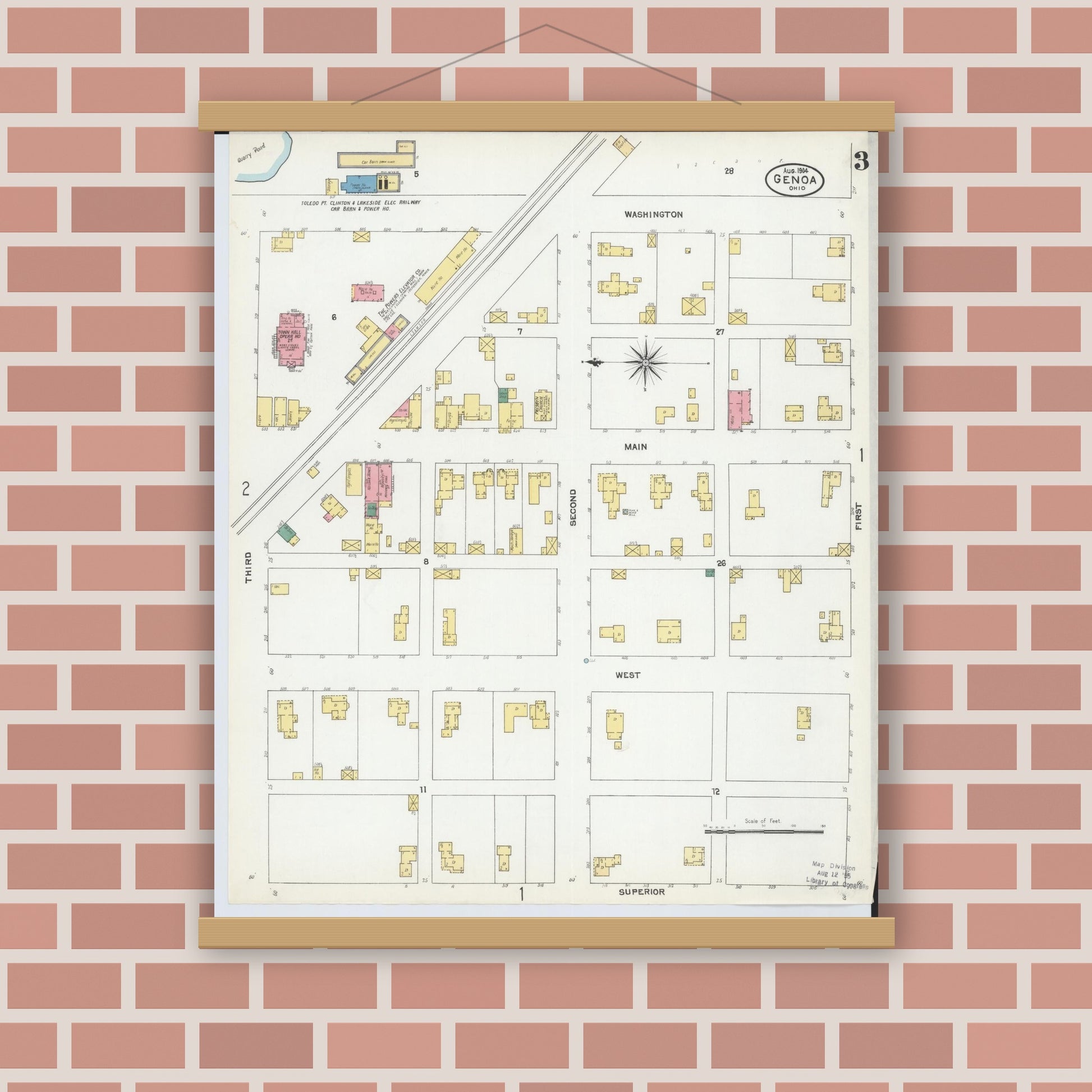 Old map wall art mockup — magnetic wood frame on brick wall — Sanborn Fire Insurance Map from Genoa, Ottawa County, Ohio (1904), Sheet #0003