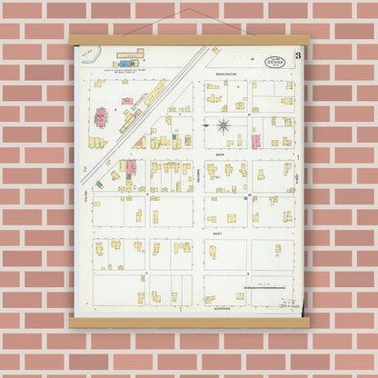 Old map wall art mockup — magnetic wood frame on brick wall — Sanborn Fire Insurance Map from Genoa, Ottawa County, Ohio (1904), Sheet #0003