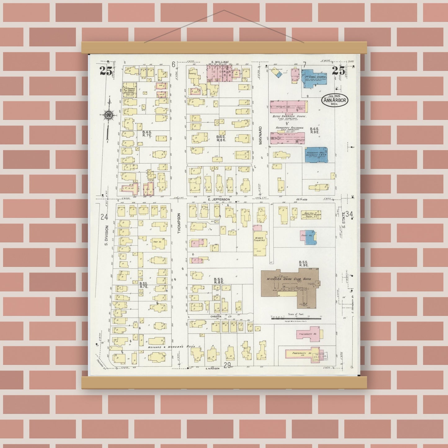 Old map wall art mockup — magnetic wood frame on brick wall — Sanborn Fire Insurance Map from Ann Arbor, Washtenaw County, Michigan (1925), Sheet #0025
