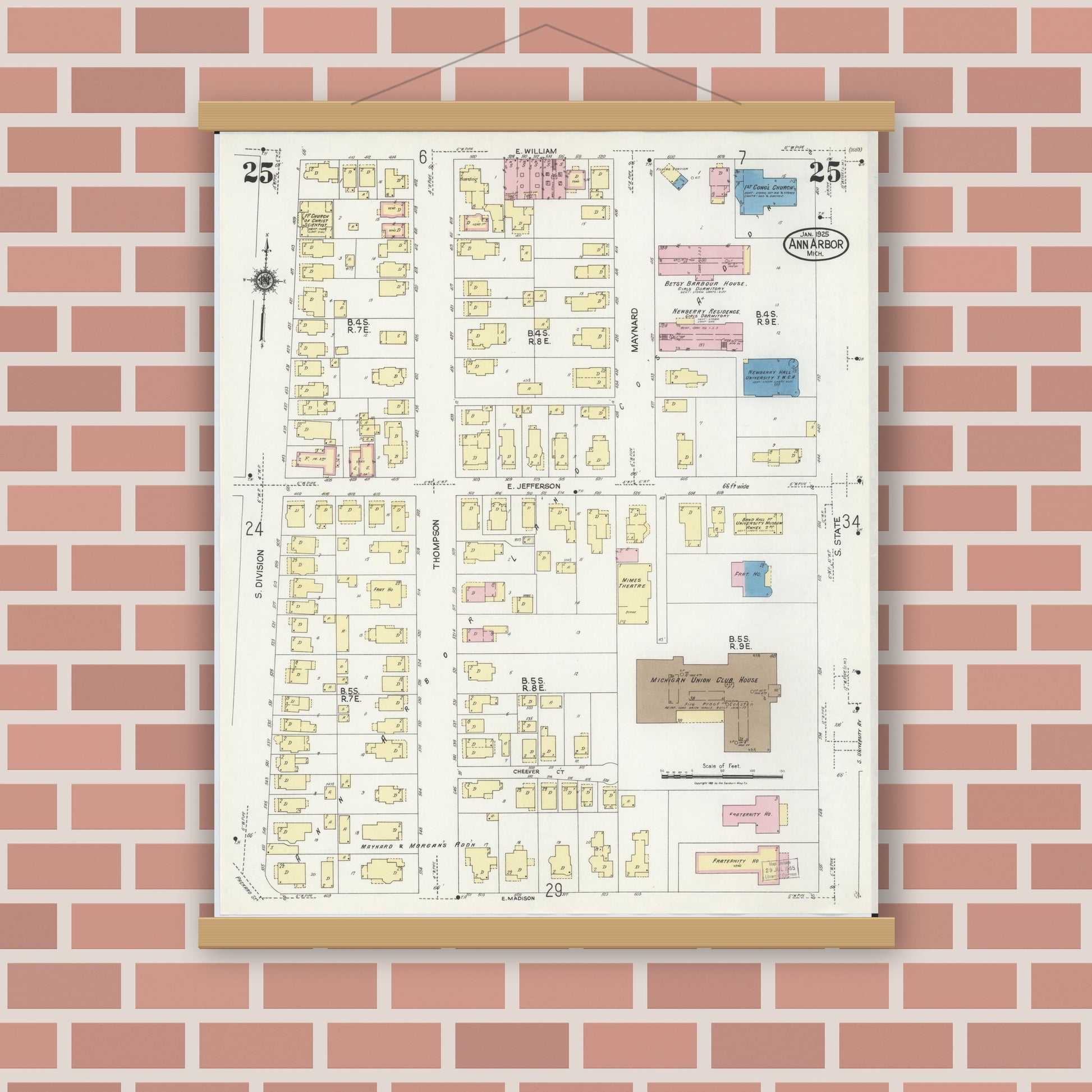 Old map wall art mockup — magnetic wood frame on brick wall — Sanborn Fire Insurance Map from Ann Arbor, Washtenaw County, Michigan (1925), Sheet #0025