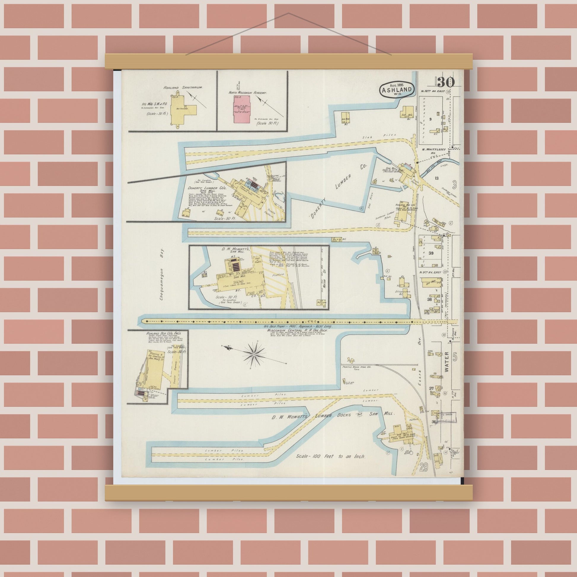 Old map wall art mockup — magnetic wood frame on brick wall — Sanborn Fire Insurance Map from Ashland, Ashland County, Wisconsin (1895), Sheet #0030