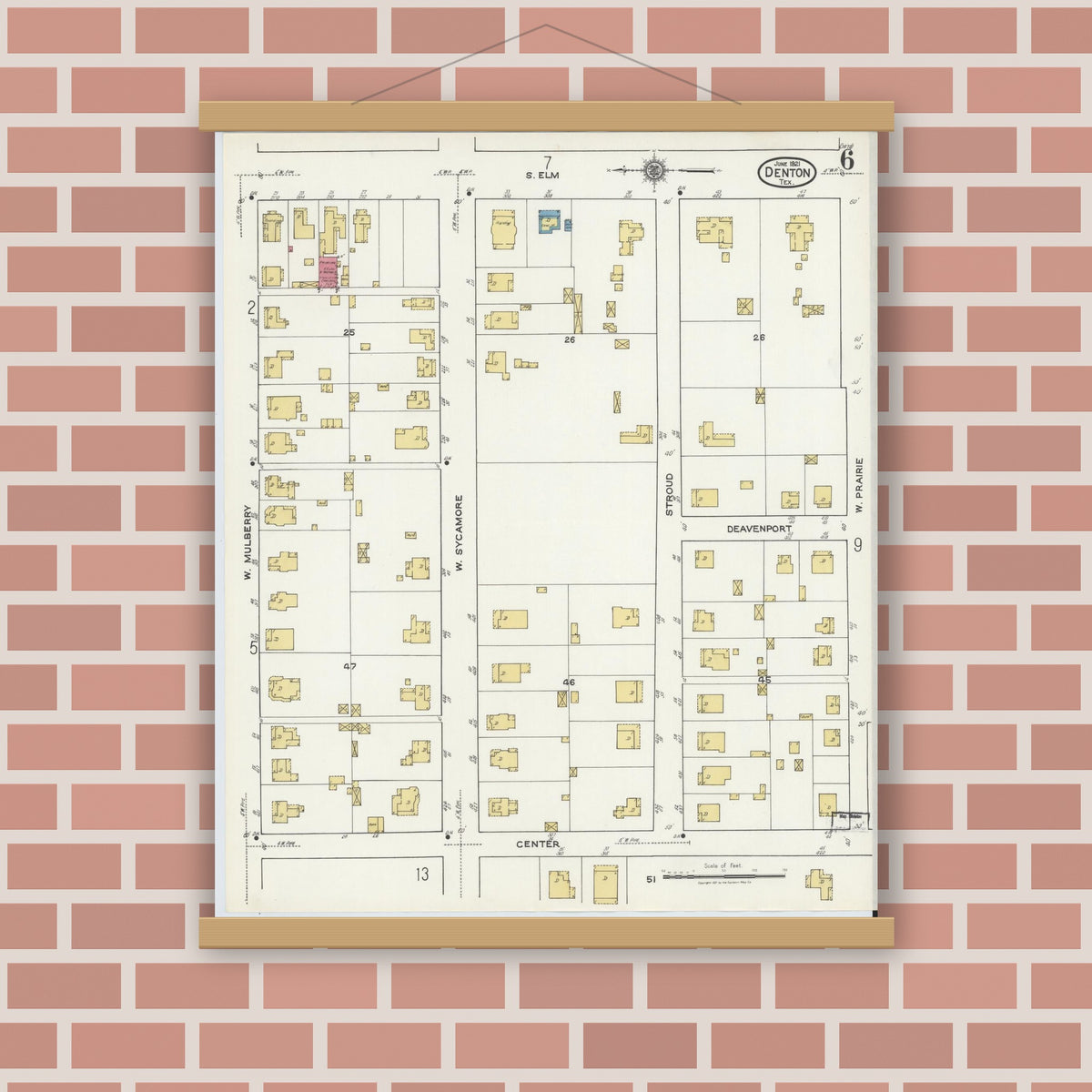 Old map wall art mockup — magnetic wood frame on brick wall — Sanborn Fire Insurance Map from Denton, Denton County, Texas (1921), Sheet #0006