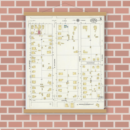 Old map wall art mockup — magnetic wood frame on brick wall — Sanborn Fire Insurance Map from Denton, Denton County, Texas (1921), Sheet #0006