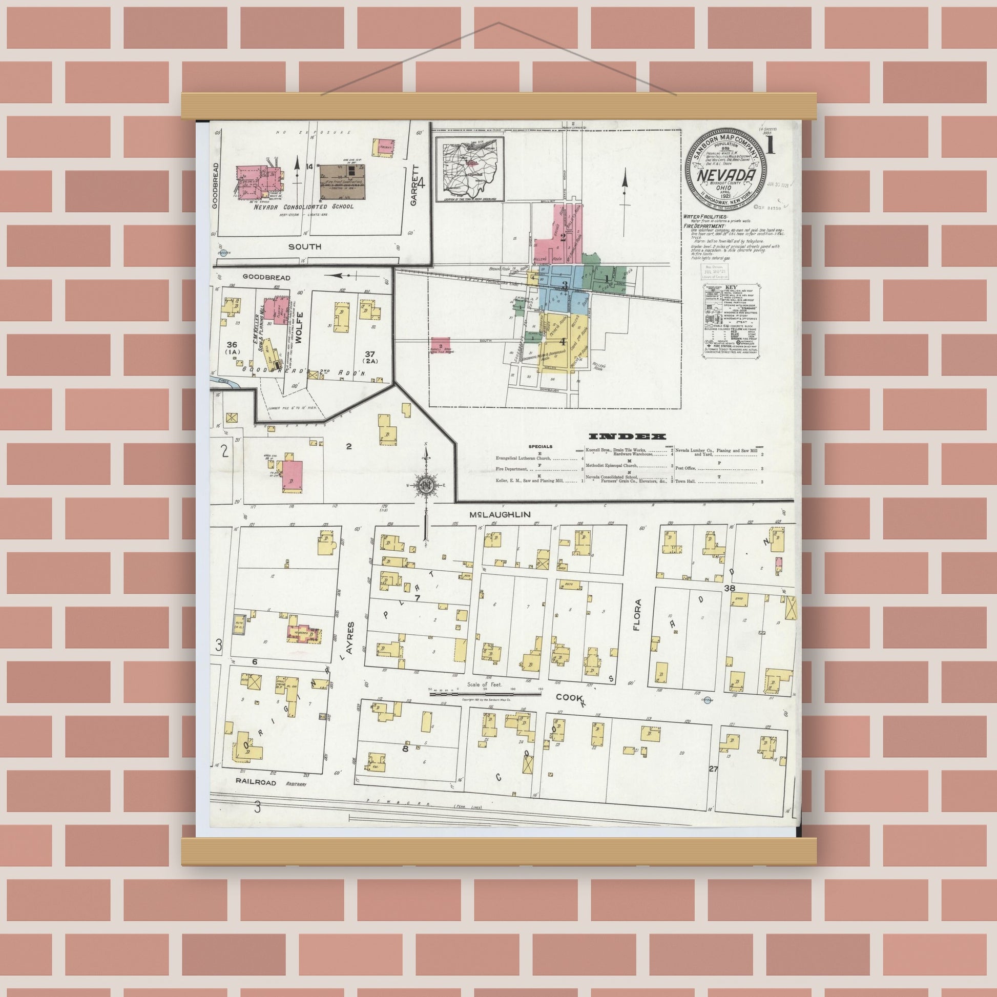 Old map wall art mockup — magnetic wood frame on brick wall — Sanborn Fire Insurance Map from Nevada, Wyandot County, Ohio (1921) - Complete Map Set