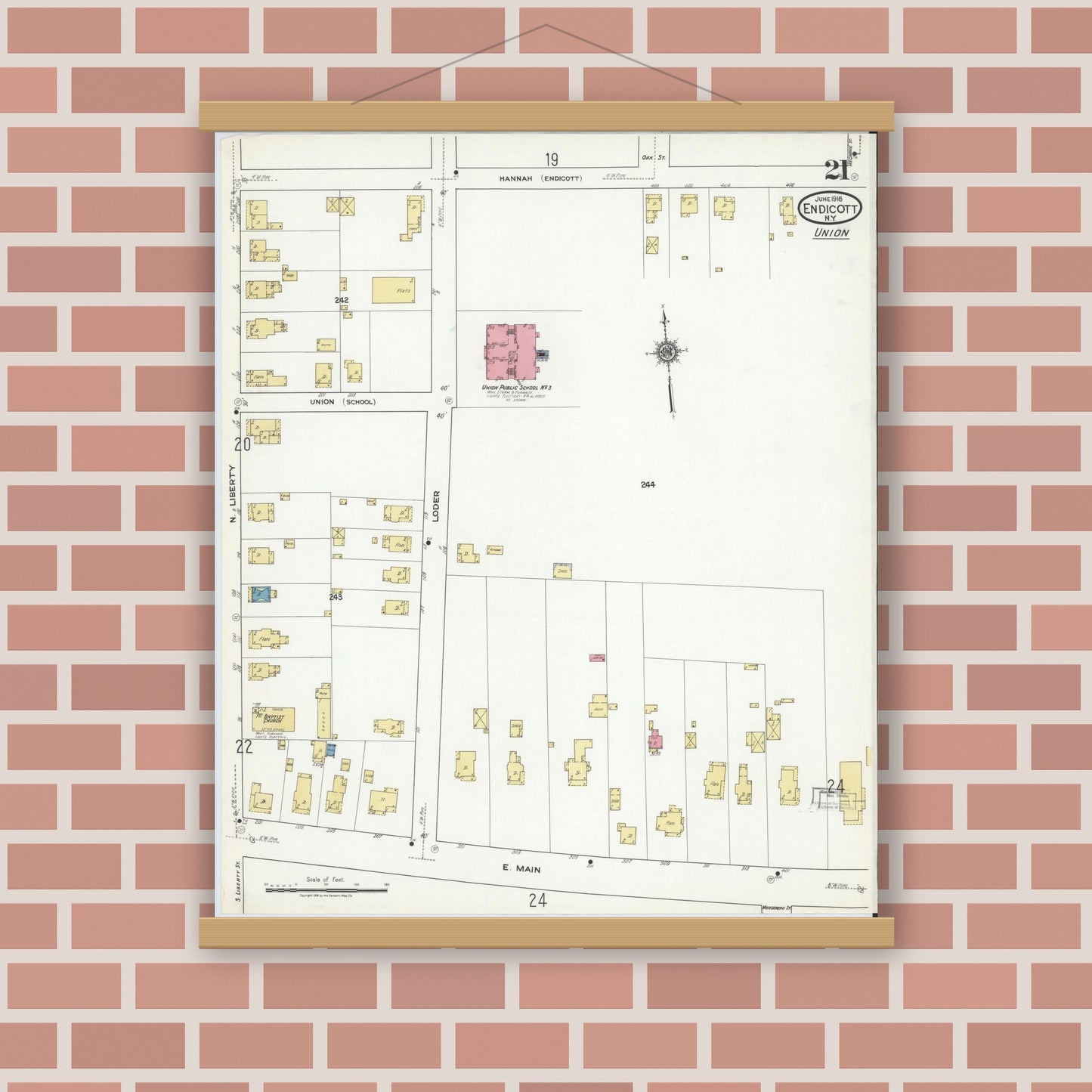 Old map wall art mockup — magnetic wood frame on brick wall — Sanborn Fire Insurance Map from Endicott, Broome County, New York (1918), Sheet #0021