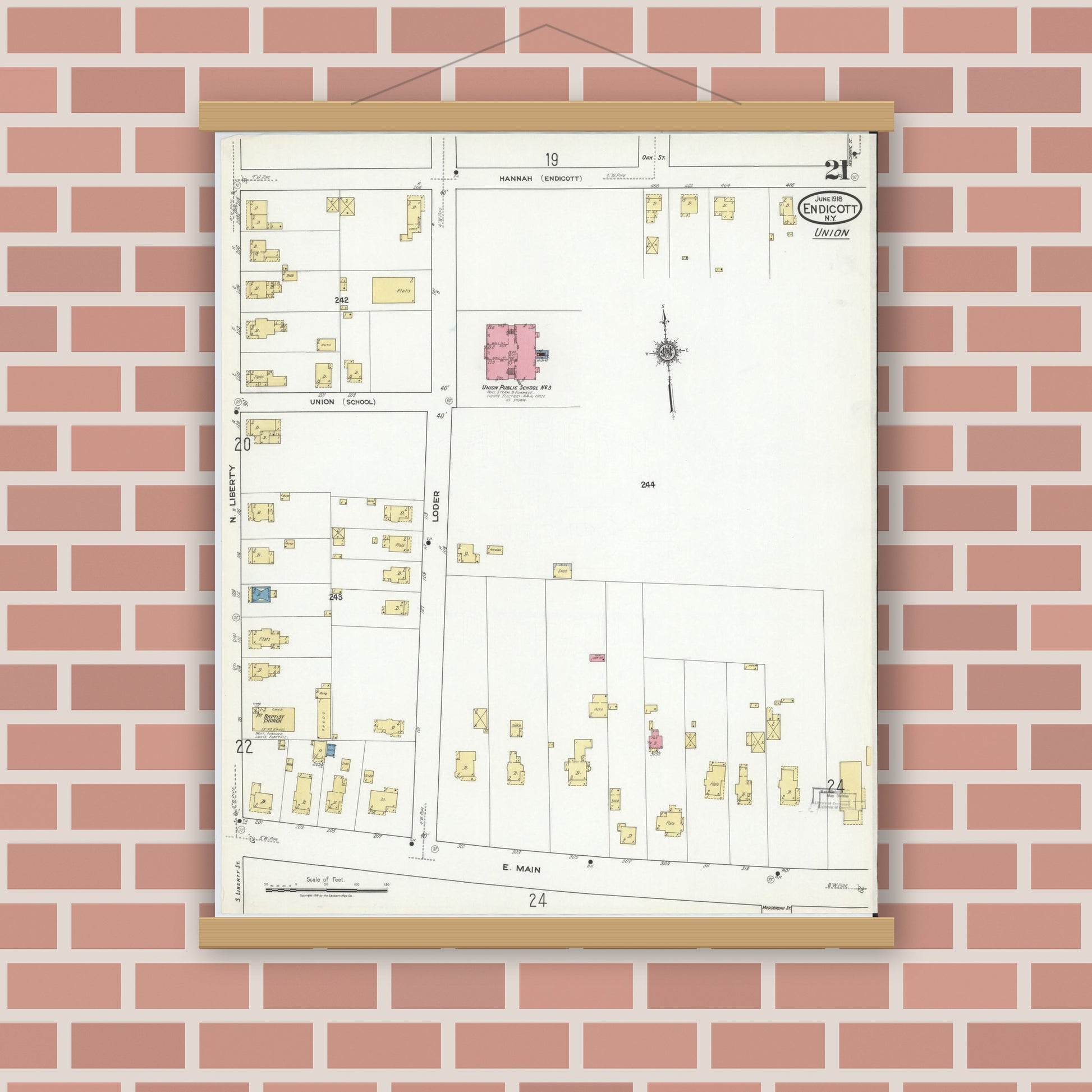 Old map wall art mockup — magnetic wood frame on brick wall — Sanborn Fire Insurance Map from Endicott, Broome County, New York (1918), Sheet #0021