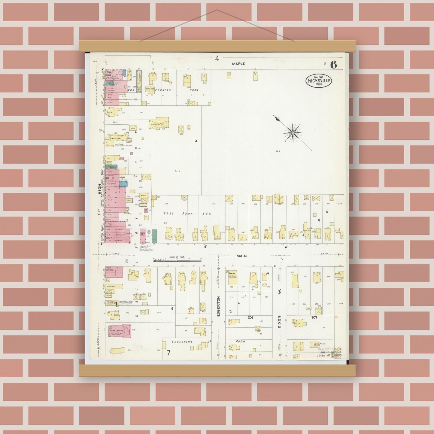 Old map wall art mockup — magnetic wood frame on brick wall — Sanborn Fire Insurance Map from Hicksville, Defiance County, Ohio (1908), Sheet #0006