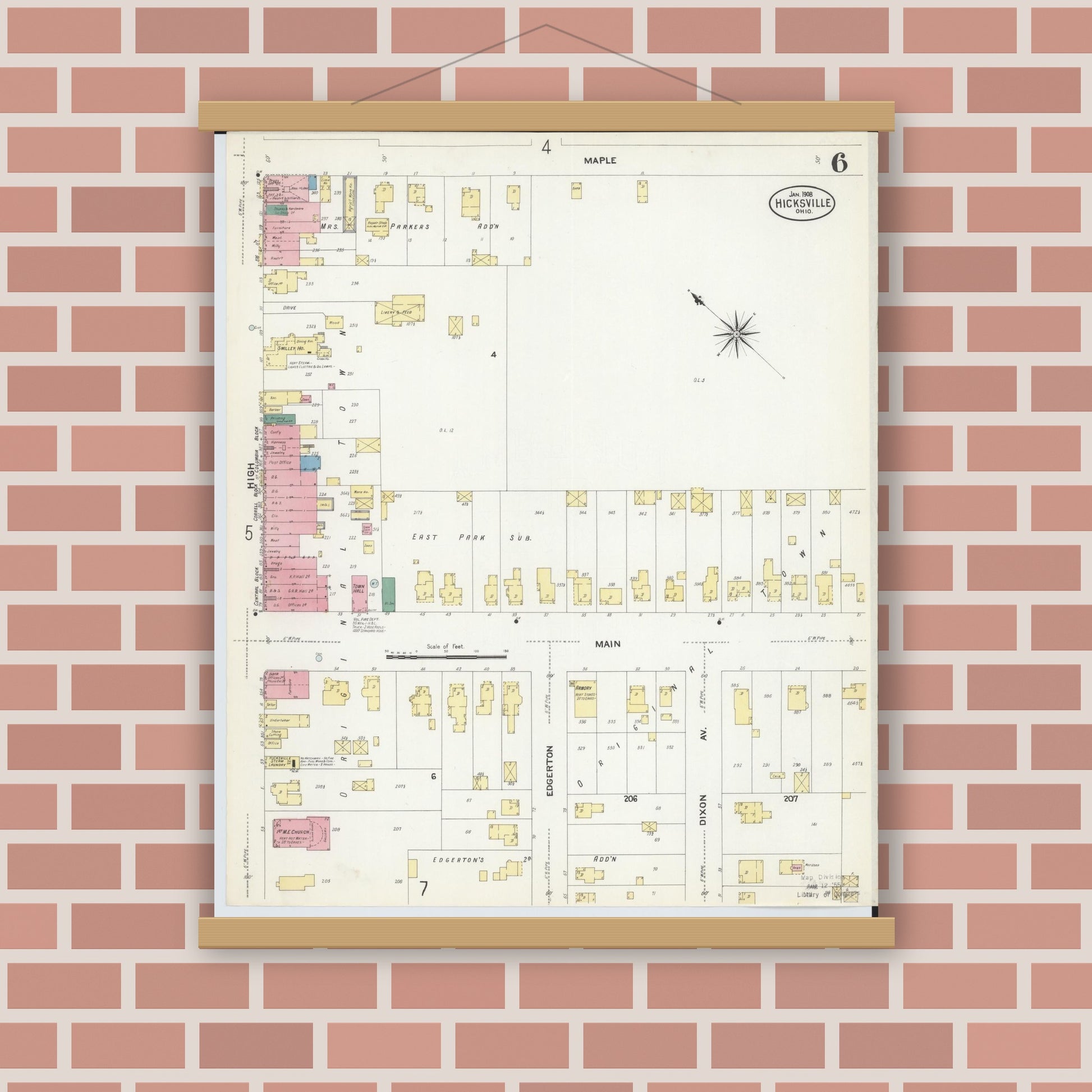 Old map wall art mockup — magnetic wood frame on brick wall — Sanborn Fire Insurance Map from Hicksville, Defiance County, Ohio (1908), Sheet #0006