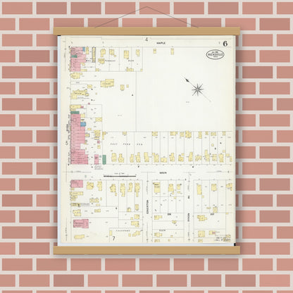 Old map wall art mockup — magnetic wood frame on brick wall — Sanborn Fire Insurance Map from Hicksville, Defiance County, Ohio (1908), Sheet #0006