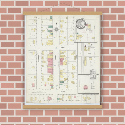 Old map wall art mockup — magnetic wood frame on brick wall — Sanborn Fire Insurance Map from Schoolcraft, Kalamazoo County, Michigan (1892), Sheet #0001