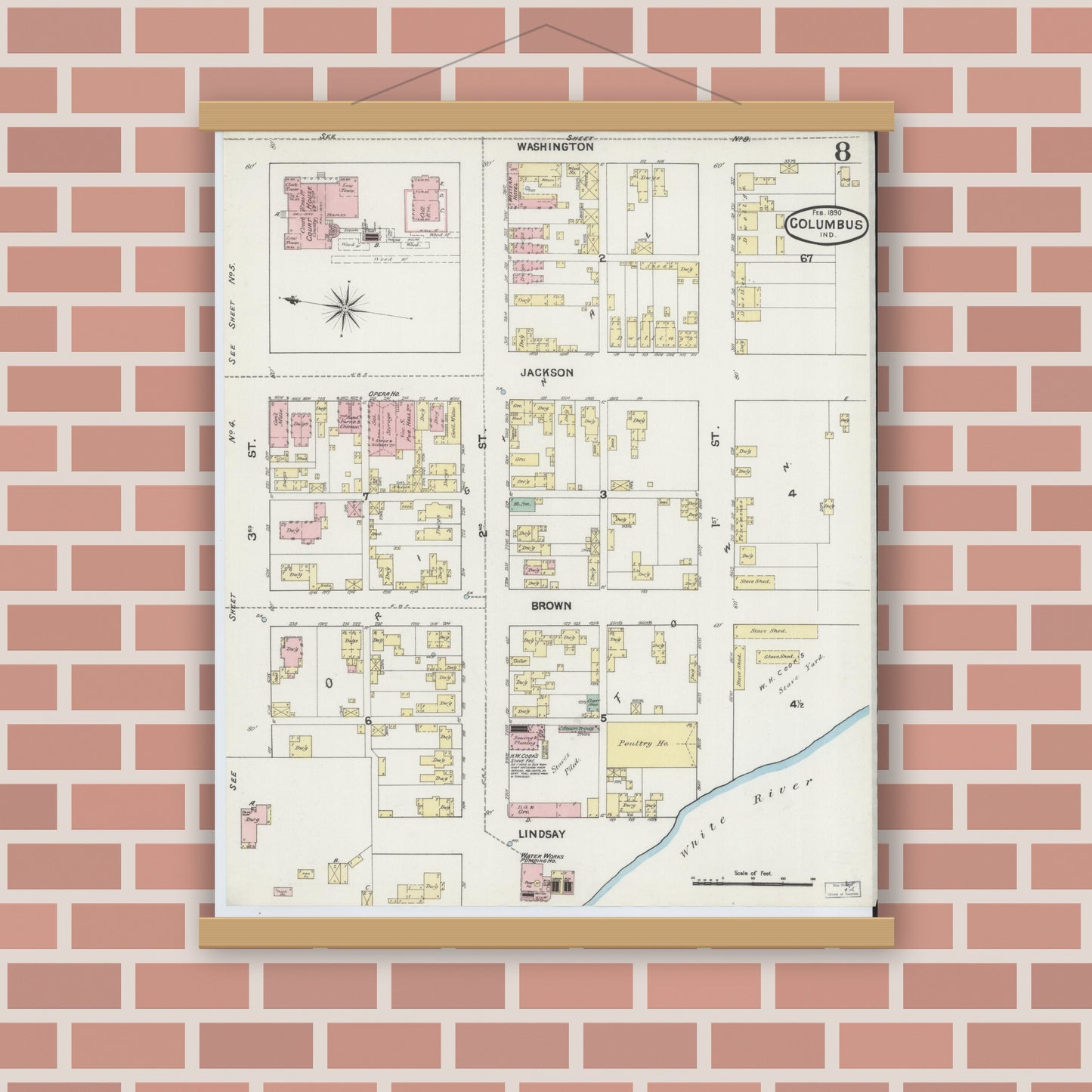 Old map wall art mockup — magnetic wood frame on brick wall — Sanborn Fire Insurance Map from Columbus, Bartholomew County, Indiana (1890), Sheet #0008