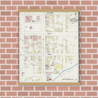 Old map wall art mockup — magnetic wood frame on brick wall — Sanborn Fire Insurance Map from Columbus, Bartholomew County, Indiana (1890), Sheet #0008