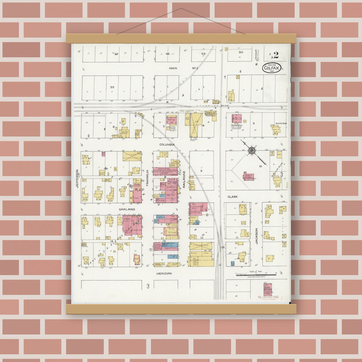 Old map wall art mockup — magnetic wood frame on brick wall — Sanborn Fire Insurance Map from Colfax, Clinton County, Indiana (1919), Sheet #0002