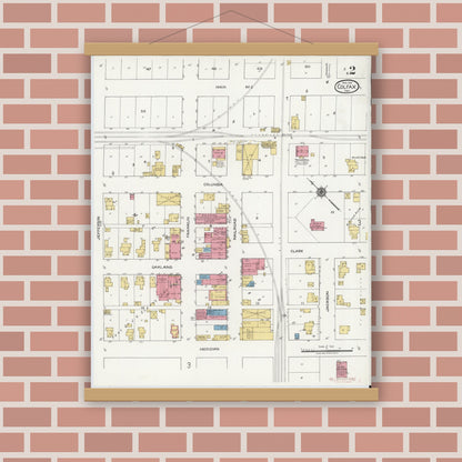Old map wall art mockup — magnetic wood frame on brick wall — Sanborn Fire Insurance Map from Colfax, Clinton County, Indiana (1919), Sheet #0002