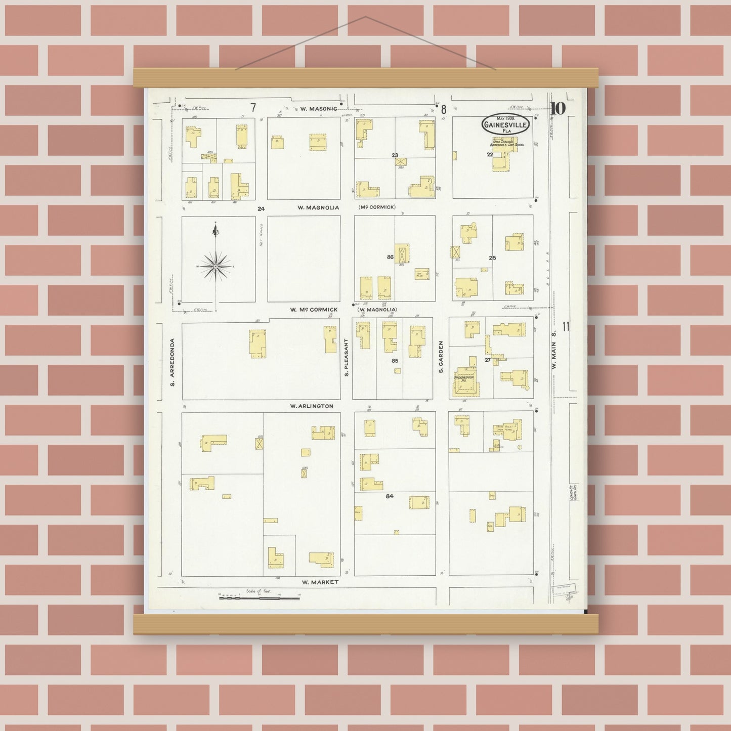 Old map wall art mockup — magnetic wood frame on brick wall — Sanborn Fire Insurance Map from Gainesville, Alachua County, Florida (1909), Sheet #0010