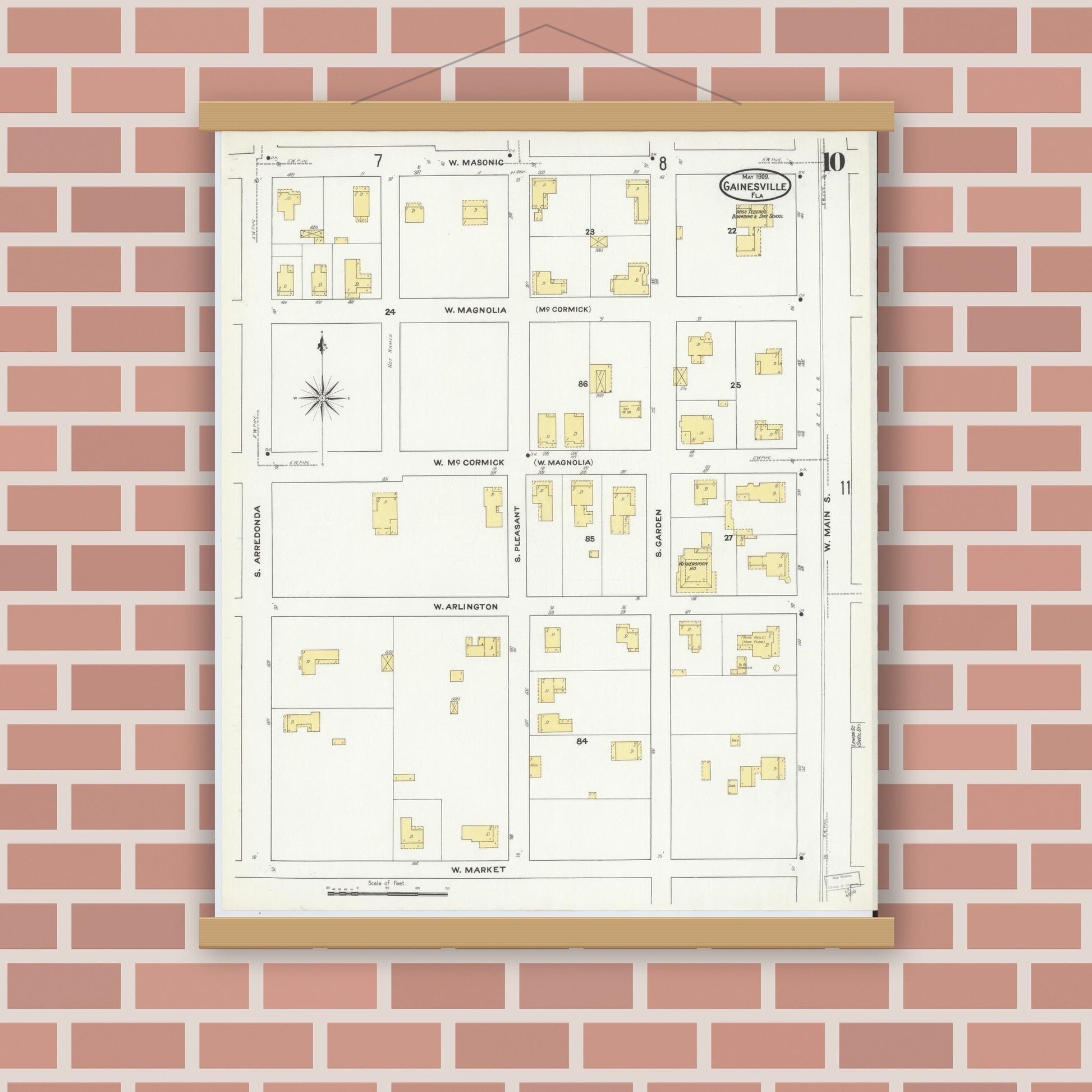 Old map wall art mockup — magnetic wood frame on brick wall — Sanborn Fire Insurance Map from Gainesville, Alachua County, Florida (1909), Sheet #0010