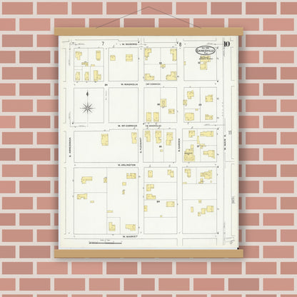 Old map wall art mockup — magnetic wood frame on brick wall — Sanborn Fire Insurance Map from Gainesville, Alachua County, Florida (1909), Sheet #0010