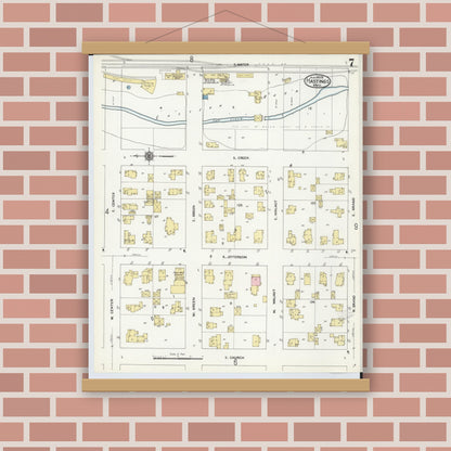 Old map wall art mockup — magnetic wood frame on brick wall — Sanborn Fire Insurance Map from Hastings, Barry County, Michigan (1909), Sheet #0007
