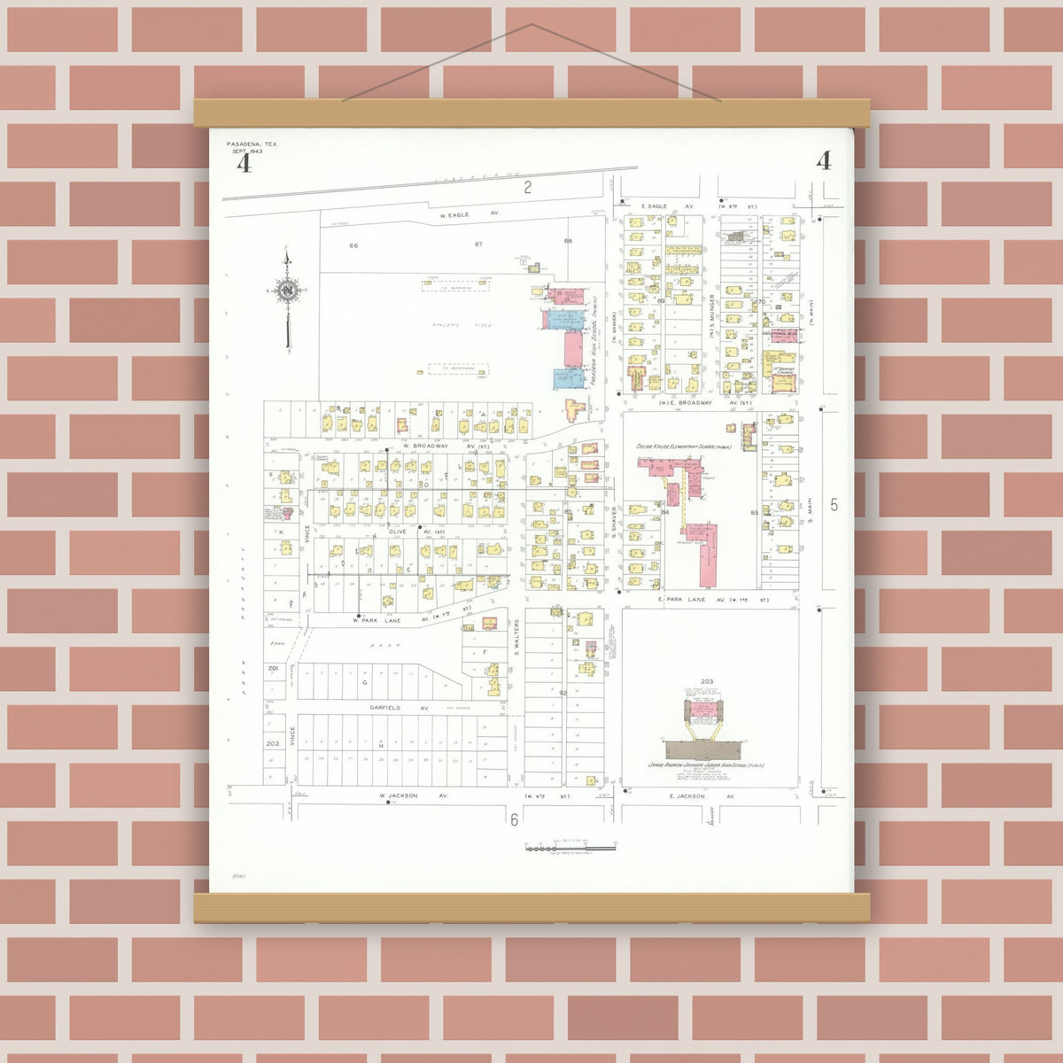 Old map wall art mockup — magnetic wood frame on brick wall — Sanborn Fire Insurance Map from Pasadena, Harris County, Texas (1943), Sheet #0004