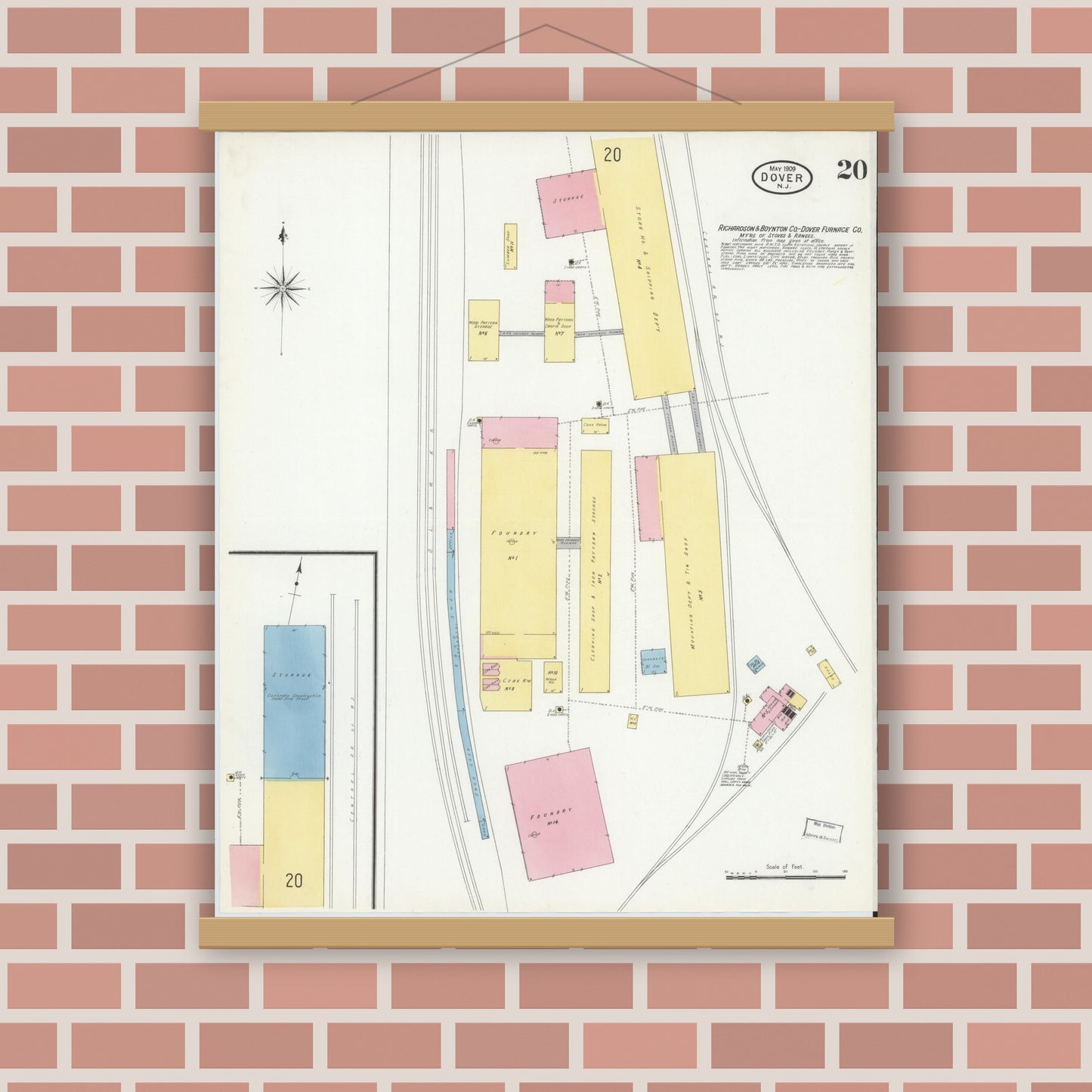 Old map wall art mockup — magnetic wood frame on brick wall — Sanborn Fire Insurance Map from Dover, Morris County, New Jersey (1909), Sheet #0020