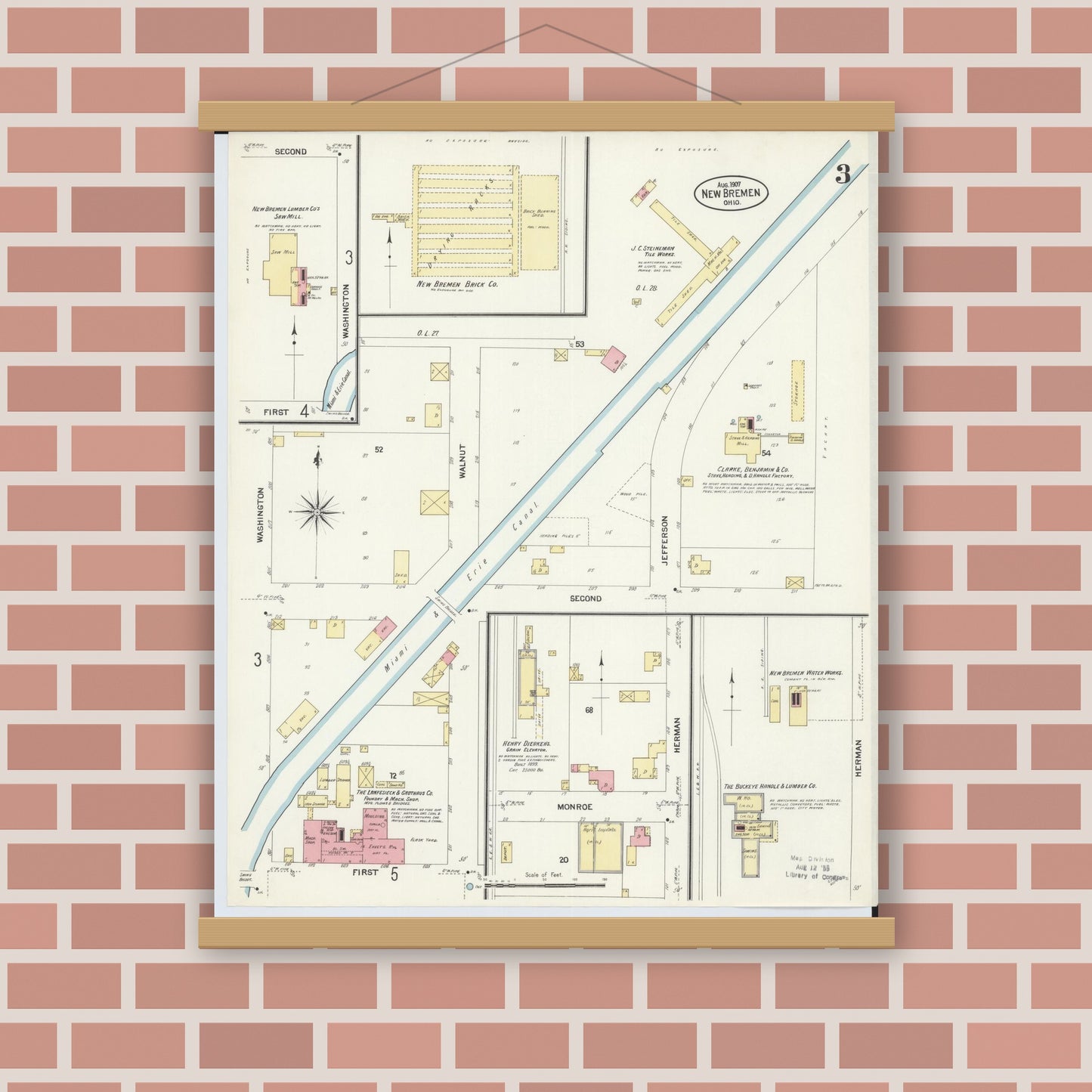 Old map wall art mockup — magnetic wood frame on brick wall — Sanborn Fire Insurance Map from New Bremen, Auglaize County, Ohio (1907), Sheet #0003