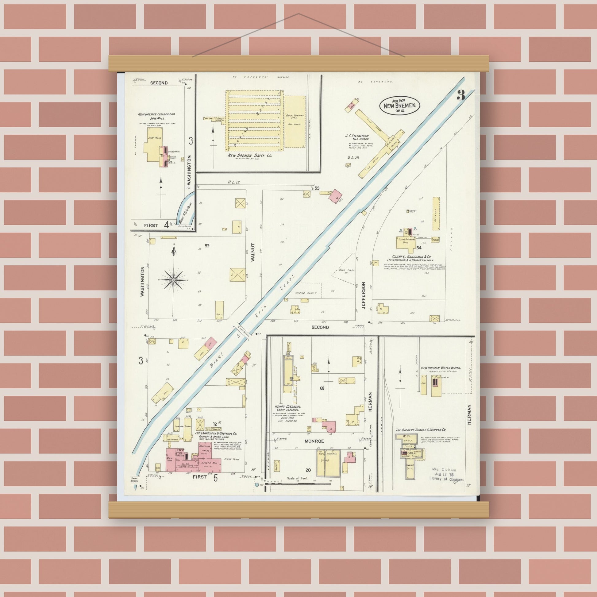Old map wall art mockup — magnetic wood frame on brick wall — Sanborn Fire Insurance Map from New Bremen, Auglaize County, Ohio (1907), Sheet #0003
