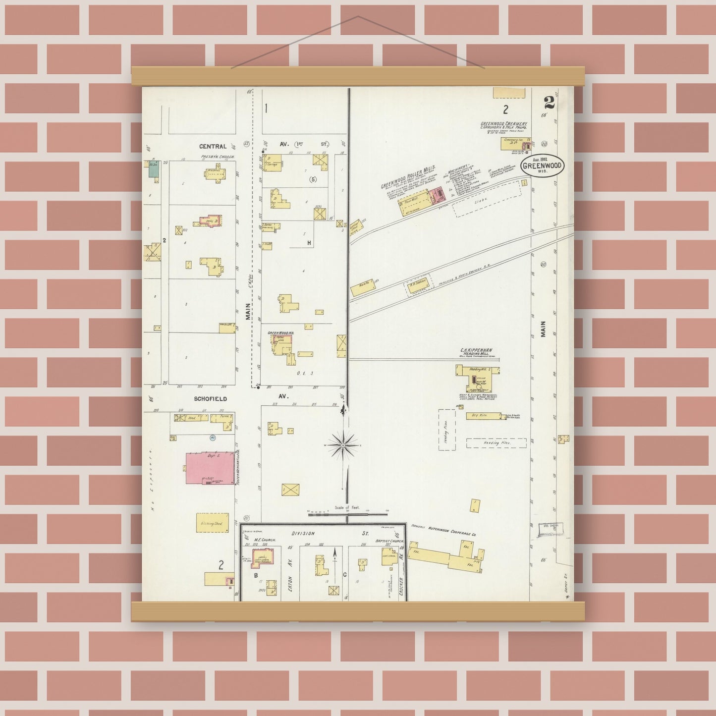 Old map wall art mockup — magnetic wood frame on brick wall — Sanborn Fire Insurance Map from Greenwood, Clark County, Wisconsin (1902), Sheet #0002