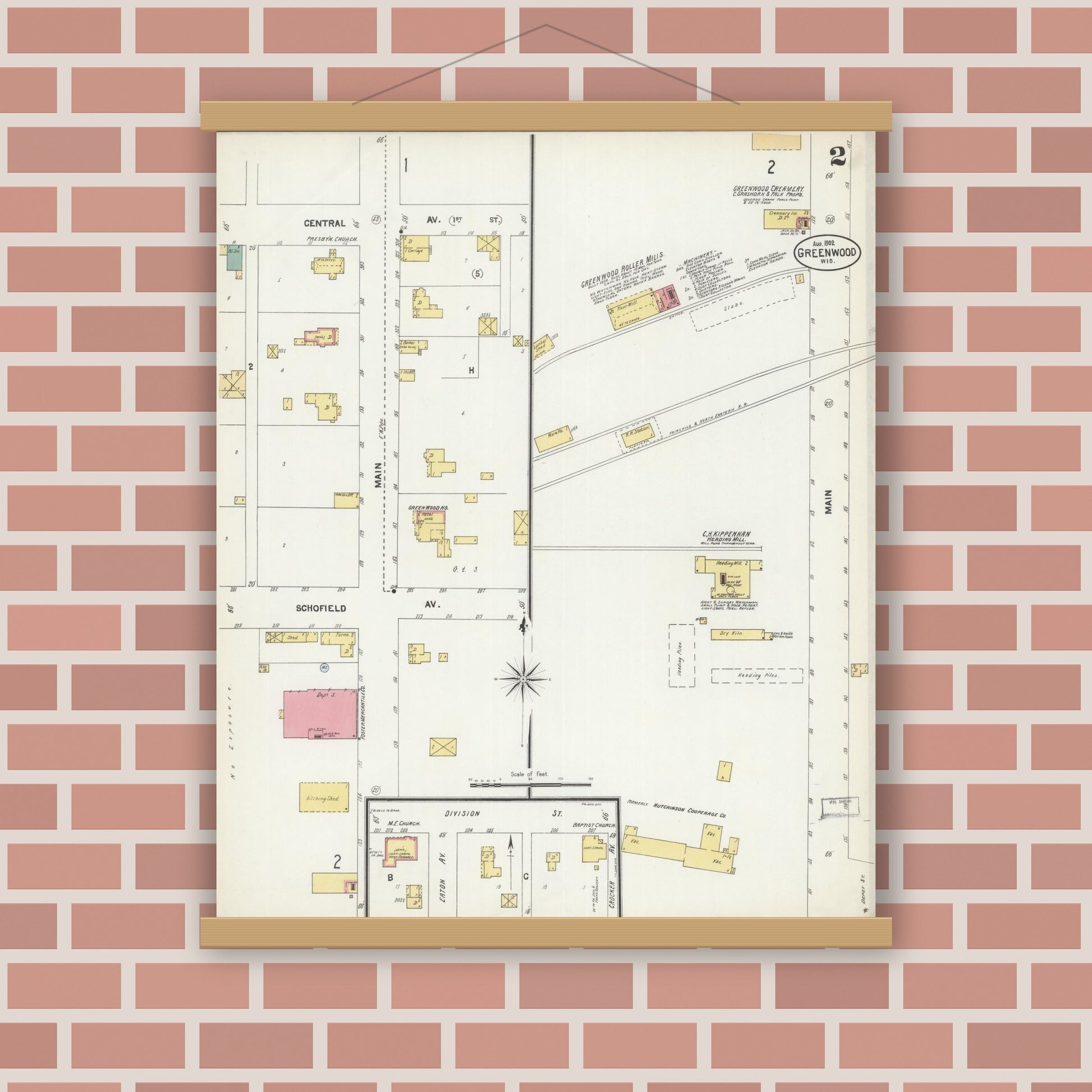 Old map wall art mockup — magnetic wood frame on brick wall — Sanborn Fire Insurance Map from Greenwood, Clark County, Wisconsin (1902), Sheet #0002