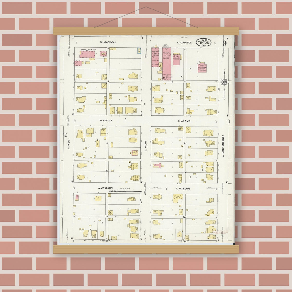 Old map wall art mockup — magnetic wood frame on brick wall — Sanborn Fire Insurance Map from Tipton, Tipton County, Indiana (1915), Sheet #0009