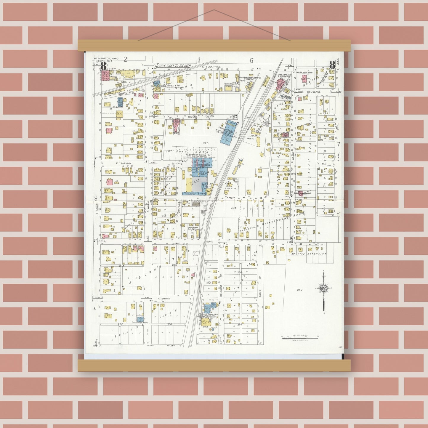 Old map wall art mockup — magnetic wood frame on brick wall — Sanborn Fire Insurance Map from Wilmington, Clinton County, Ohio (1933), Sheet #0008